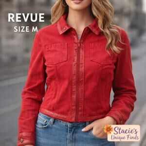 REVUE Red Zip Jacket Women M Leather Trim Cotton Stretch Moto Style Chic